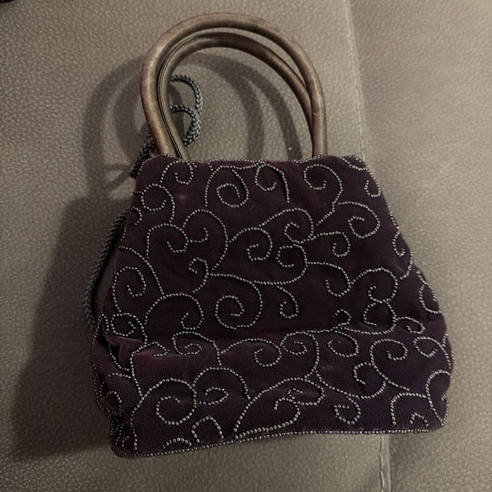 Y&S Vintage Velvet Beaded Purse Dark Purple With Very Dark Olive