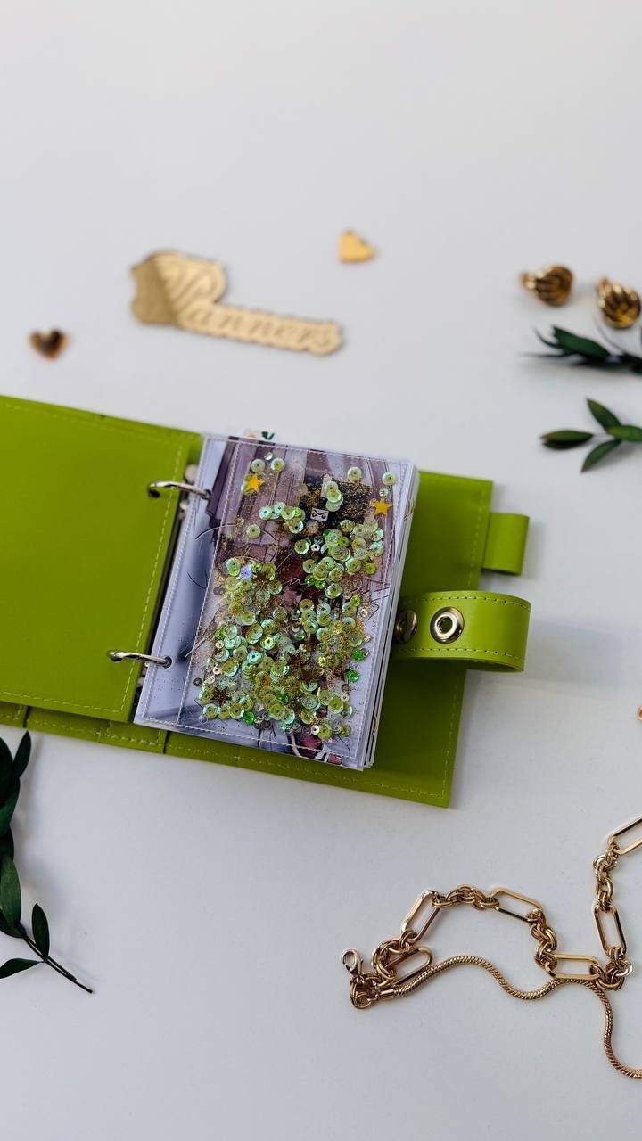 Light green Leather notebook cover A7 big binder mini wallet handmade gift