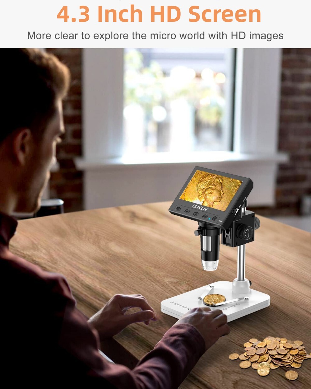 Elikliv EDM4 4.3" Coin LCD Digital 1000x Magnifier w/8 Adjustable LED Lights NEW