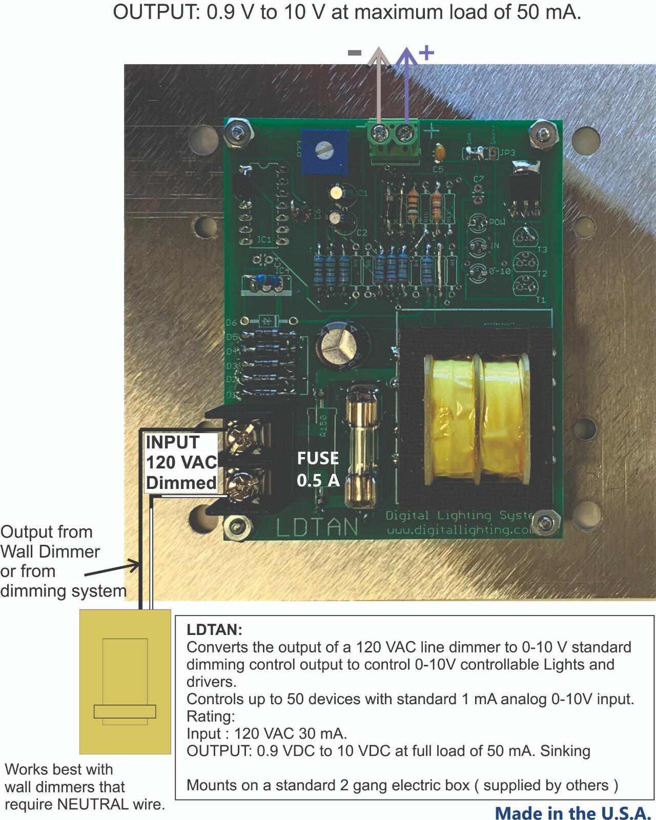 LDTAN Converter for 120 VAC dimmer to 0-10V control for LED drivers MADE IN USA