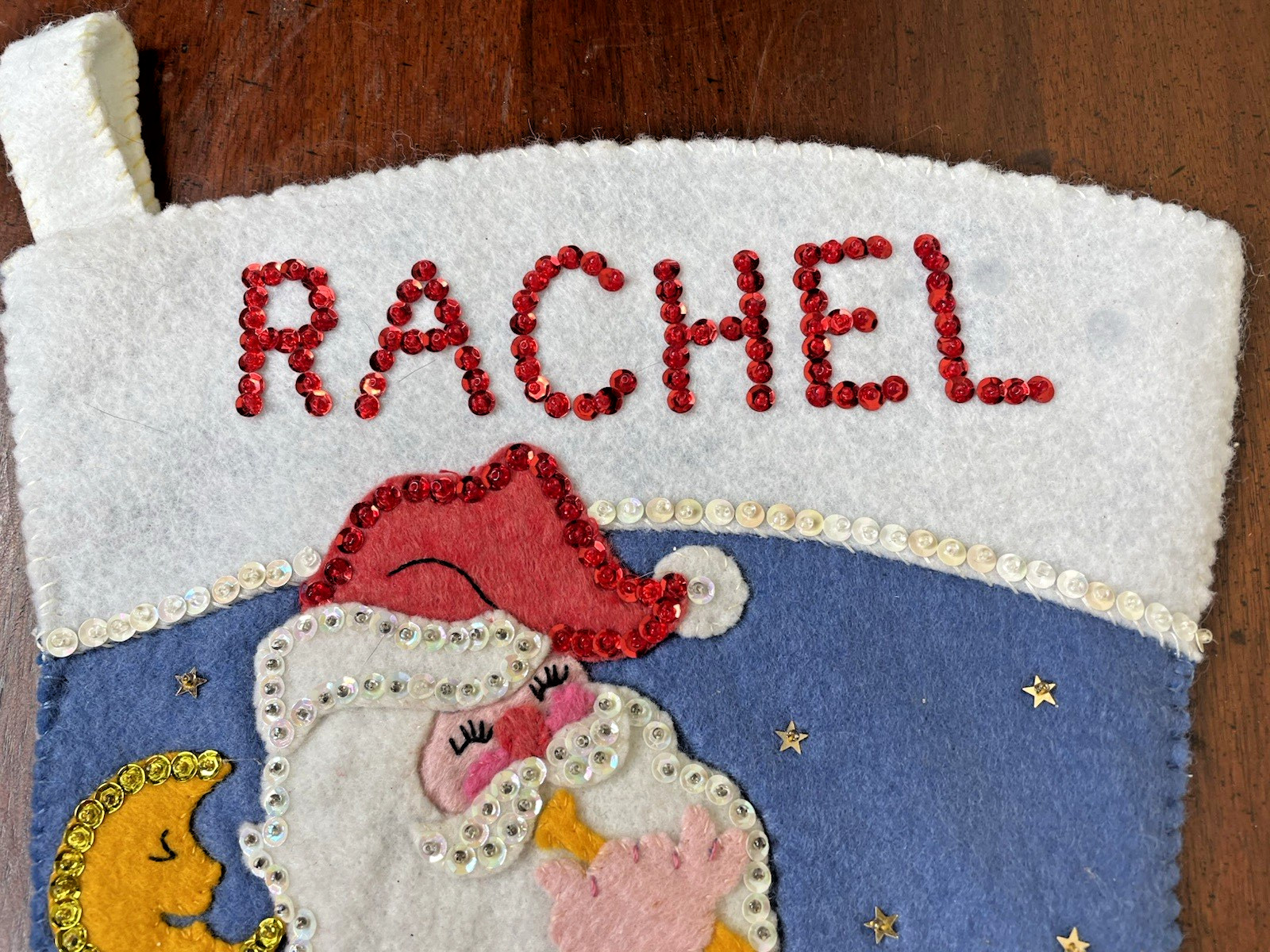 Vintage Name Rachel 3D Santa Claus Trumpet Music Bear Beaded Christmas Stocking