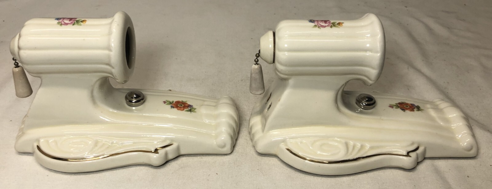 Porcelain Wall Sconce Pair Vtg Ceramic Light Fixture Flower Gold Art USA #i29