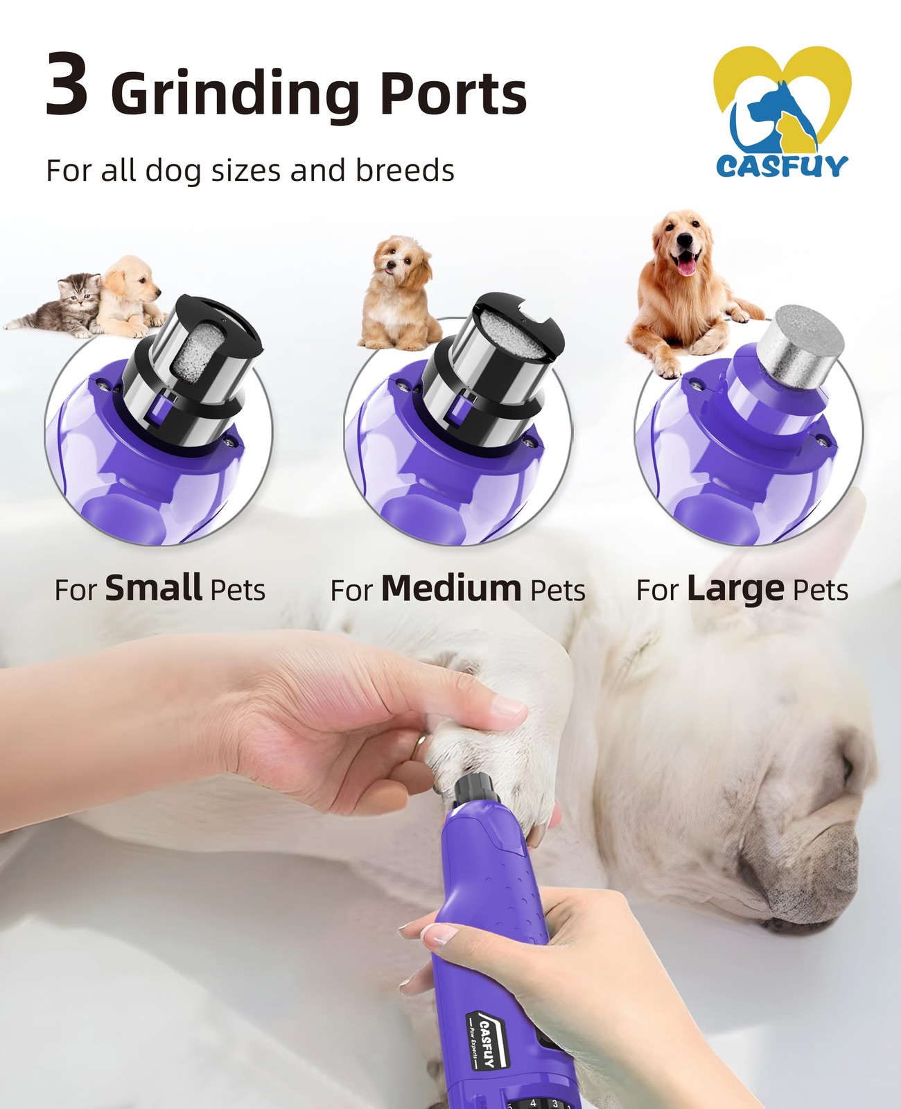 Casfuy Dog Nail Grinder Quiet - (45db) 6-Speed Pet Nail Grinder with 2 LED