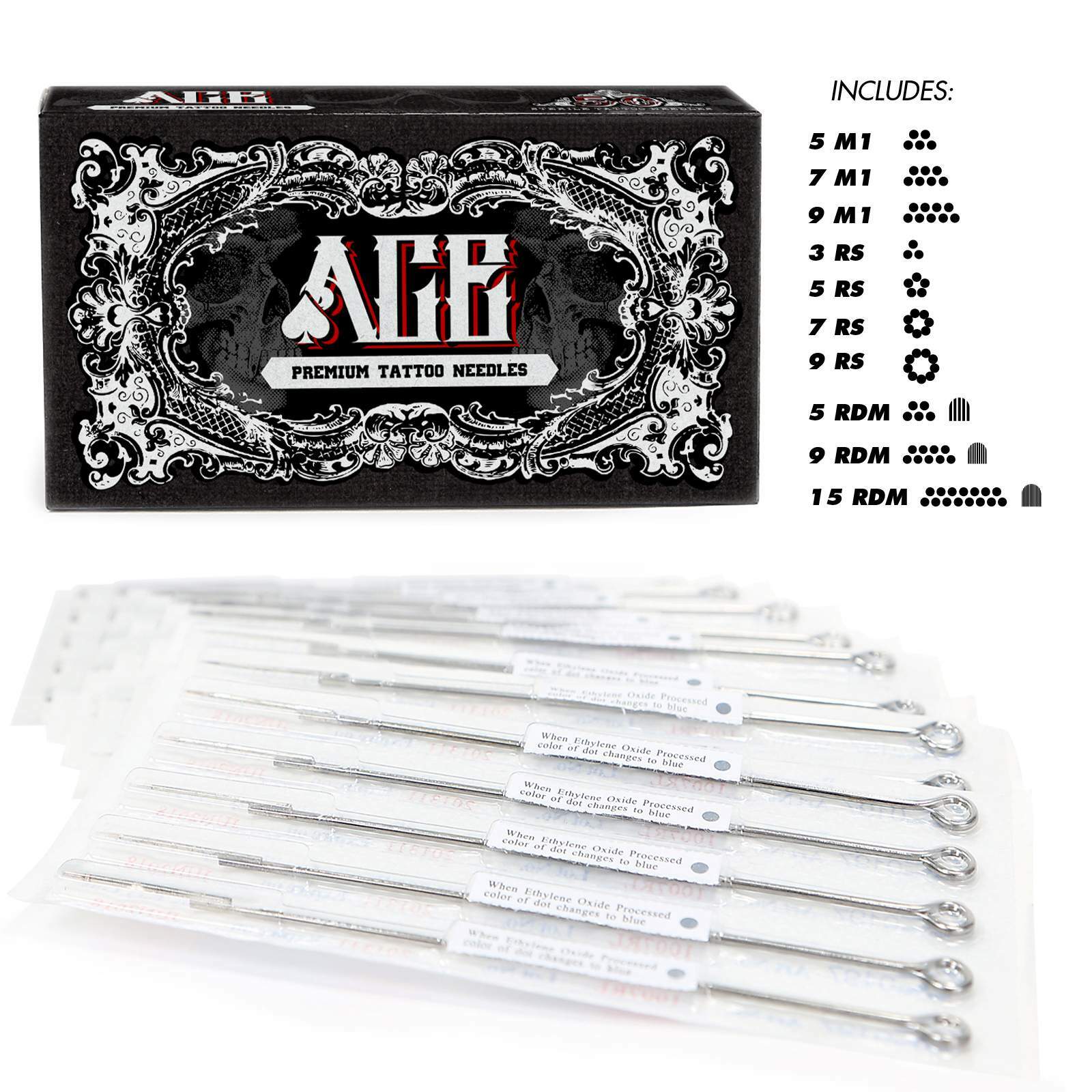 50 Mixed Assorted Tattoo Needles 10 Sizes - Round Shader 3 5 7 9 11 15 RS RM
