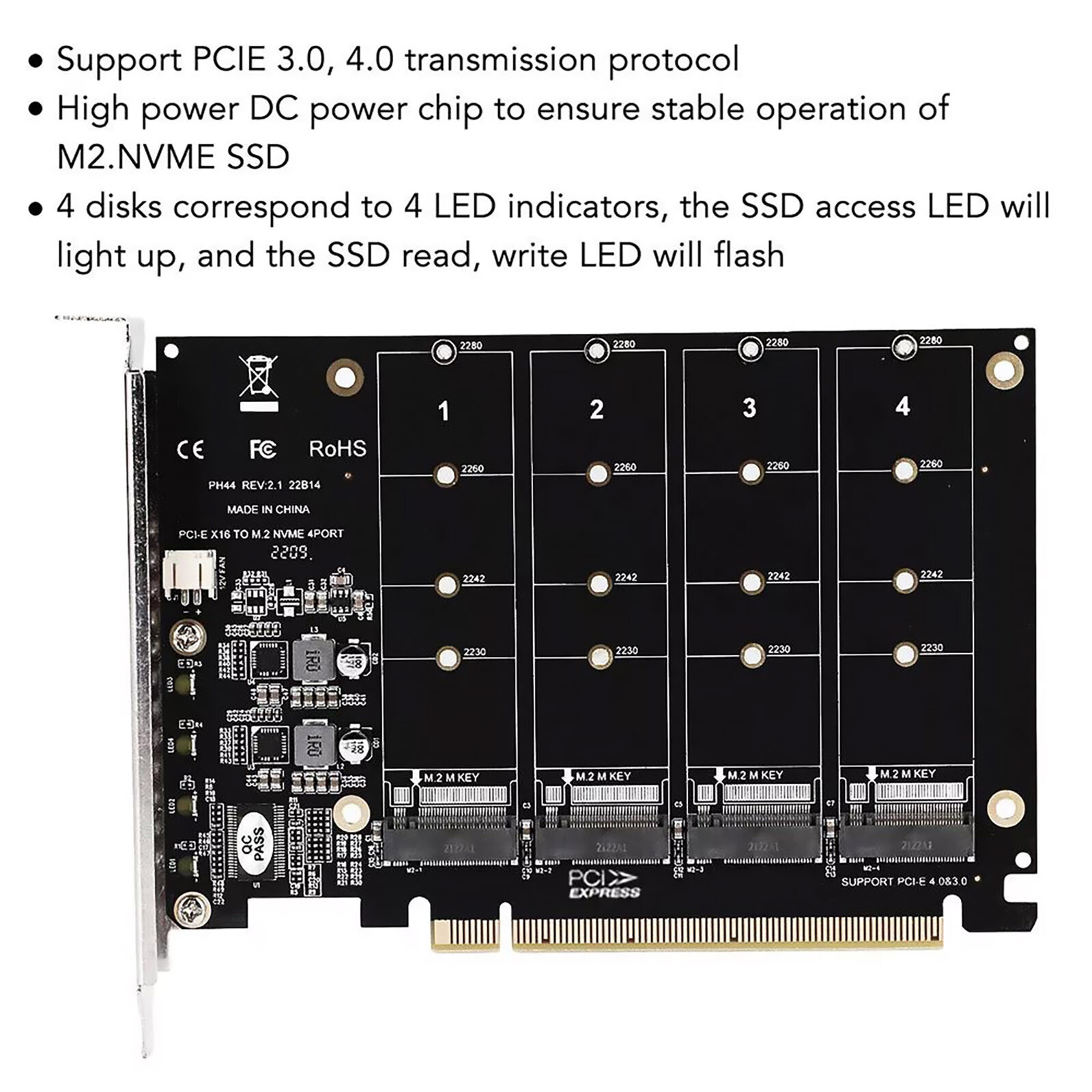 4-Port M.2 NVME SSD to PCIe 3.0 4.0 X16 Connector Expansion Card 4 x 32Gbps