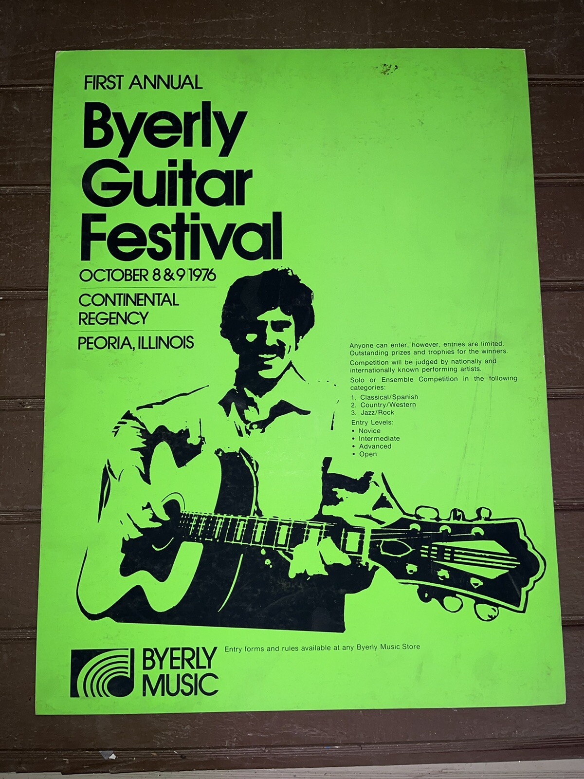 Vintage 1978 Byerly Music Guitar Festival Cardboard Sign - NOS Peoria ILL Retro