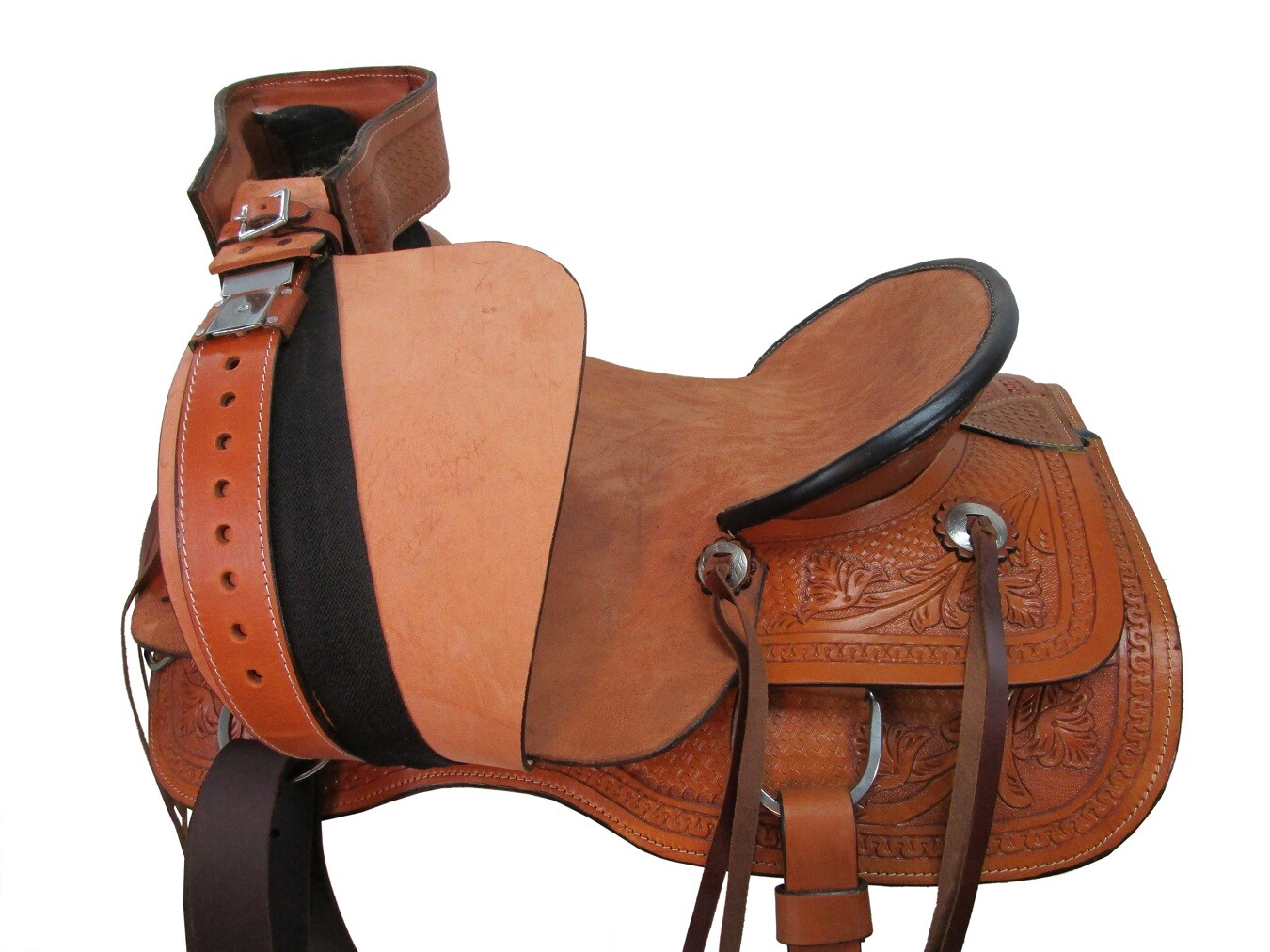 TRAIL SADDLE WESTERN HORSE PLEASURE BASKET WEAVE TOOLED USED LEATHER 15 16 17 18