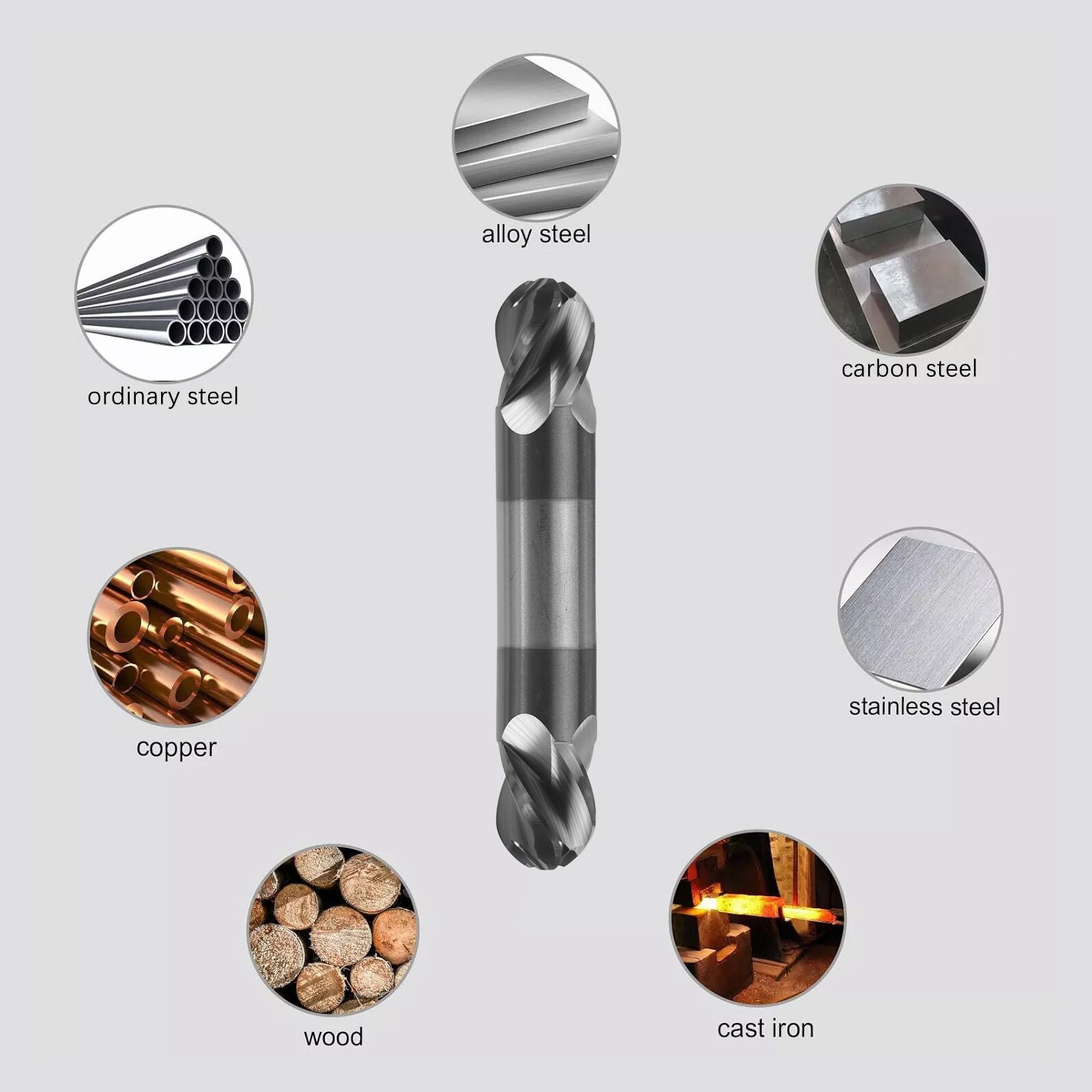 2PCS 4 Flute 1/2" Solid Carbide Ball Nose End Mill - Double End - AlTiN Coated