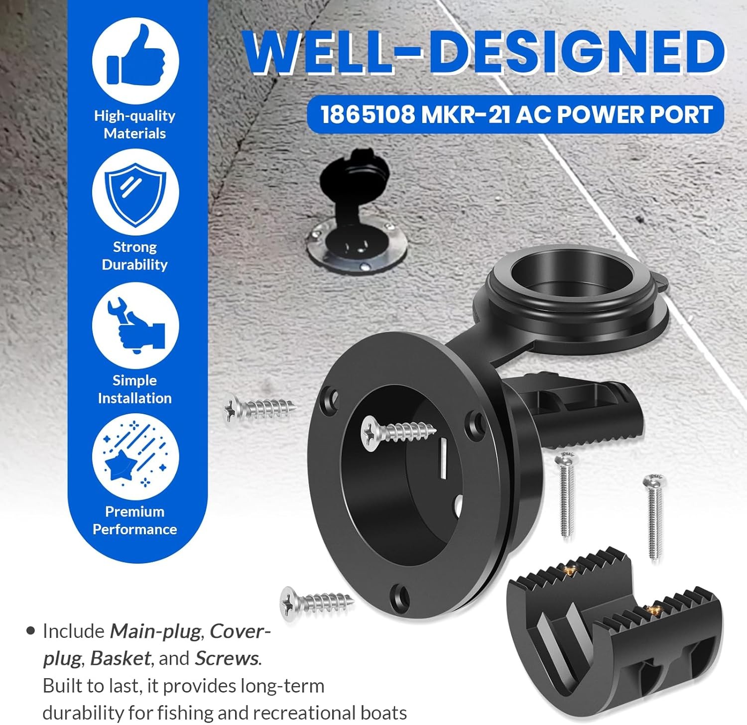 1865108 MKR-21 AC Power Port for Minn Kota Onboard Chargers, w/Cover, Black