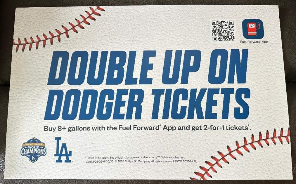 2026 UNION 76 PHILLIPS 66 LOS ANGELES DODGERS SIGN GAS/TICKETS 2 FT x 15'in RARE