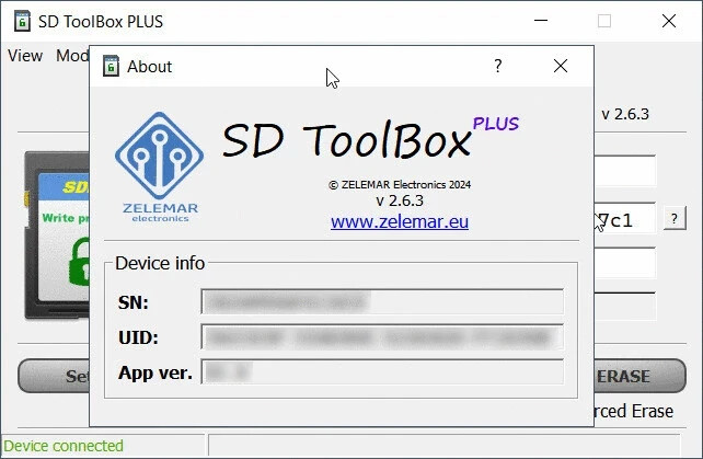 SD card toolbox PLUS. Read CID/CSD, set / remove password & write protection.