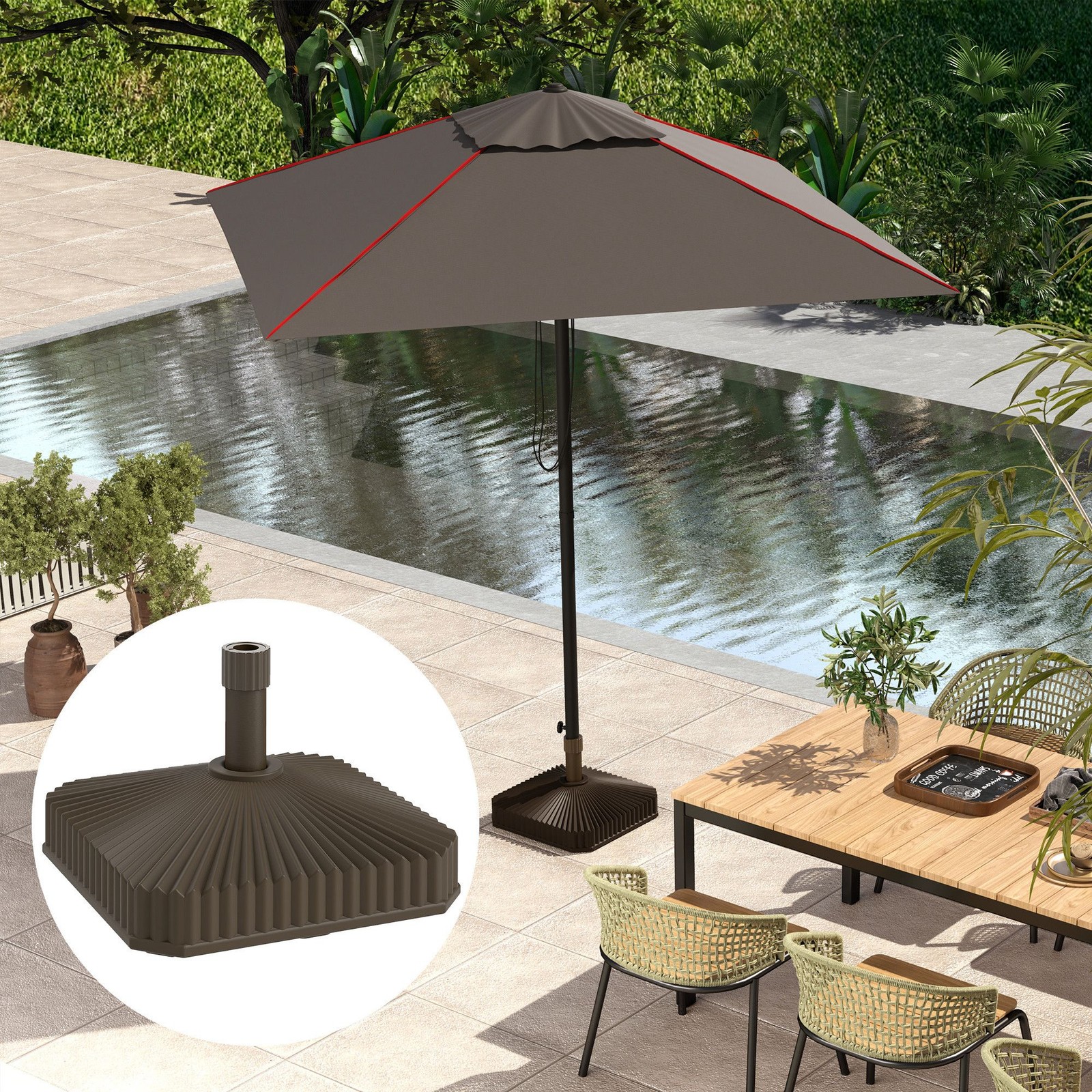 Square Patio Umbrella Base Heavy Duty Outdoor Stand Fillable Brown 42lbs Sand