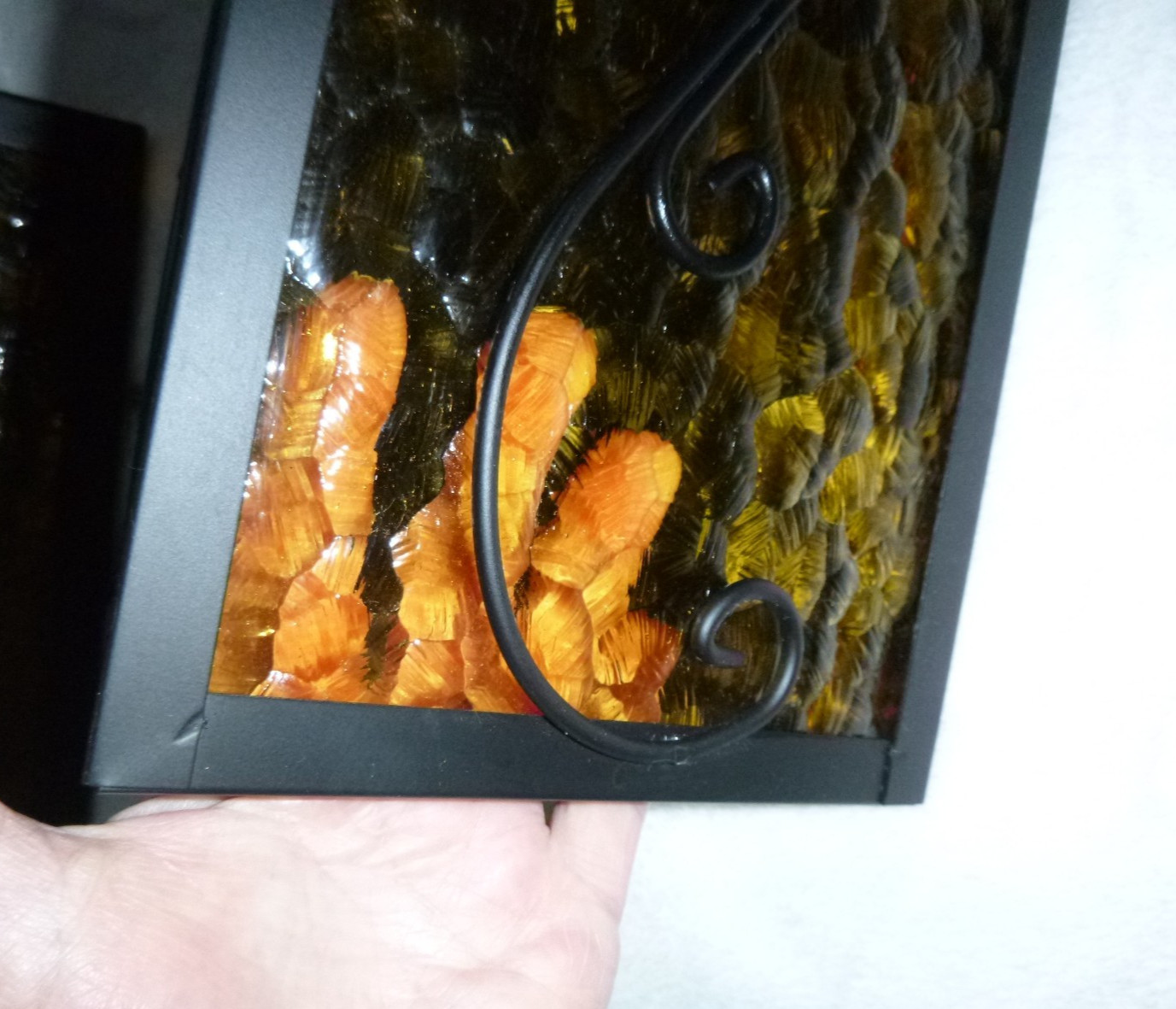 PAIR NOS Vtg 1969 Amber Glass & Black Metal Trianglular Indoor /Outdoor Sconces