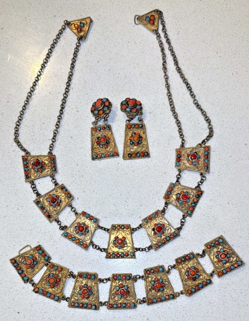 Coral & Turquoise Nepal Brass Tibetan Jewelry 3 piece Set ANTIQUE