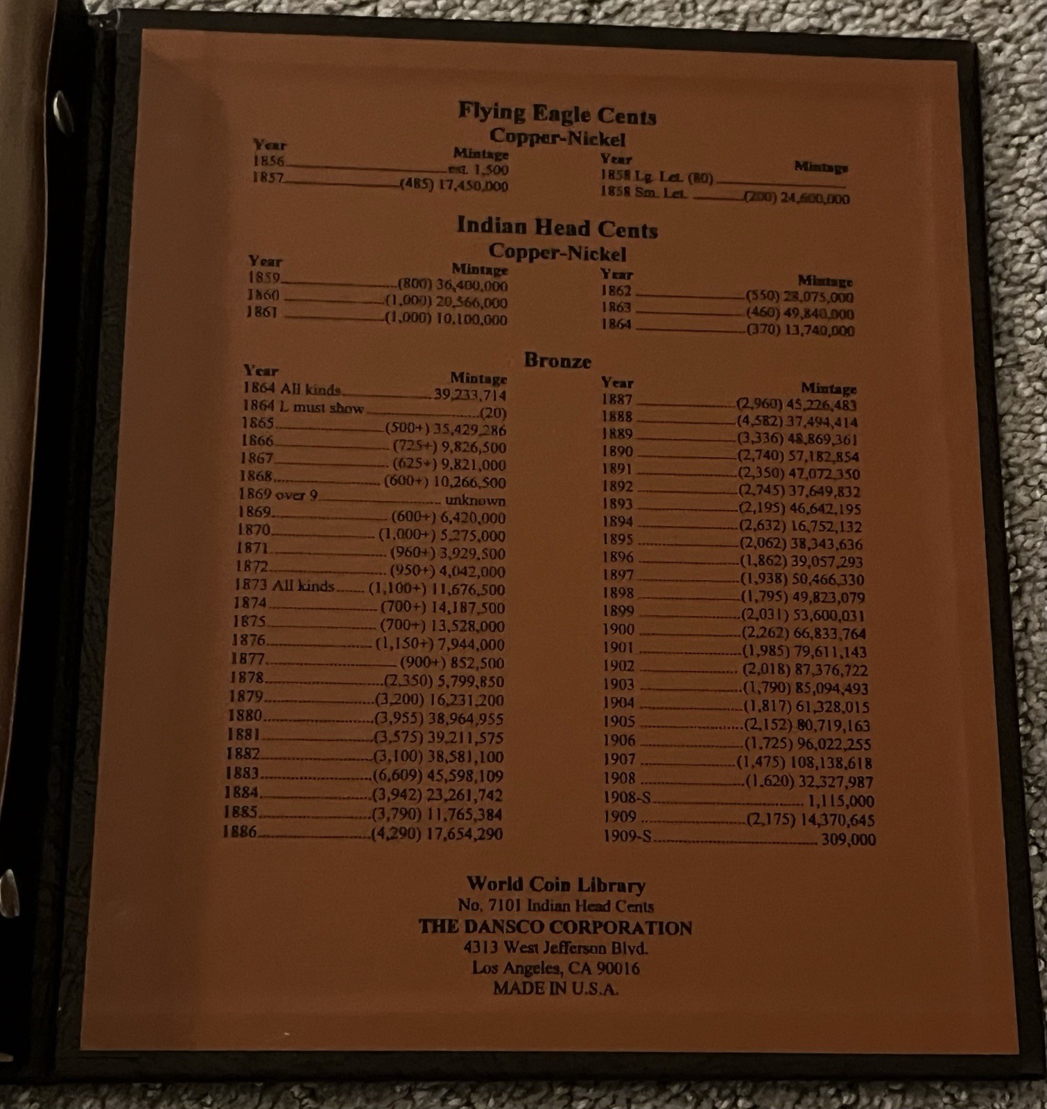 DANSCO COIN ALBUM #7101 FLYING EAGLE AND INDIAN HEAD CENTS 1857-1909