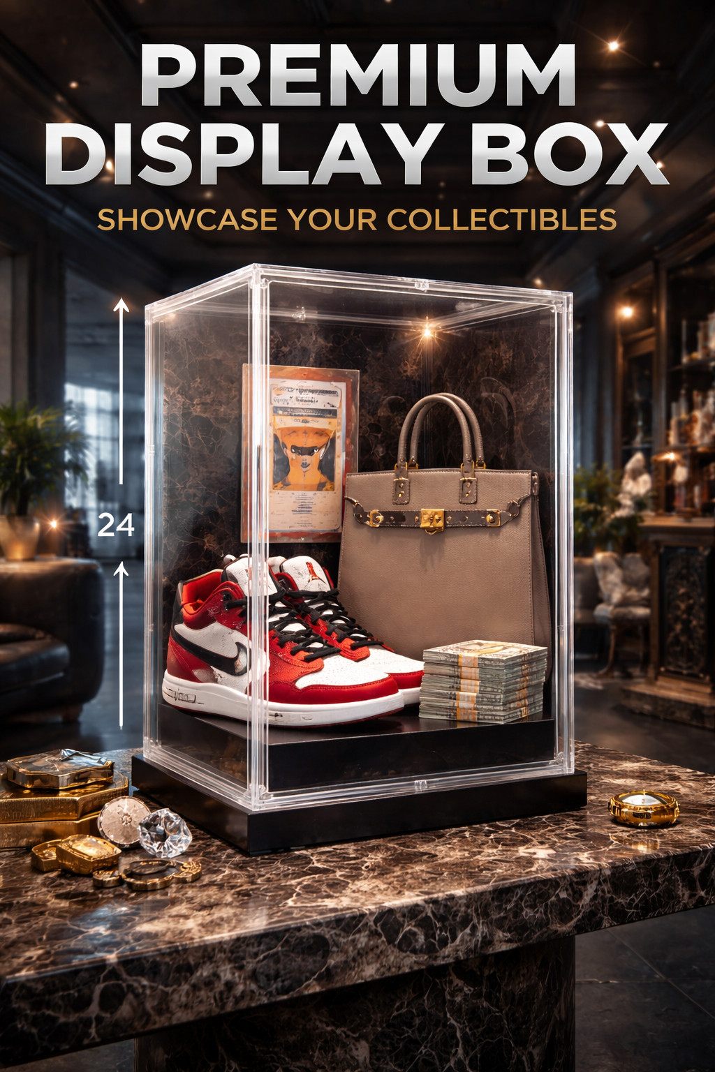 Extra Tall Acrylic Display Case 24” High (12x14x24in) Clear Collectible Showcase