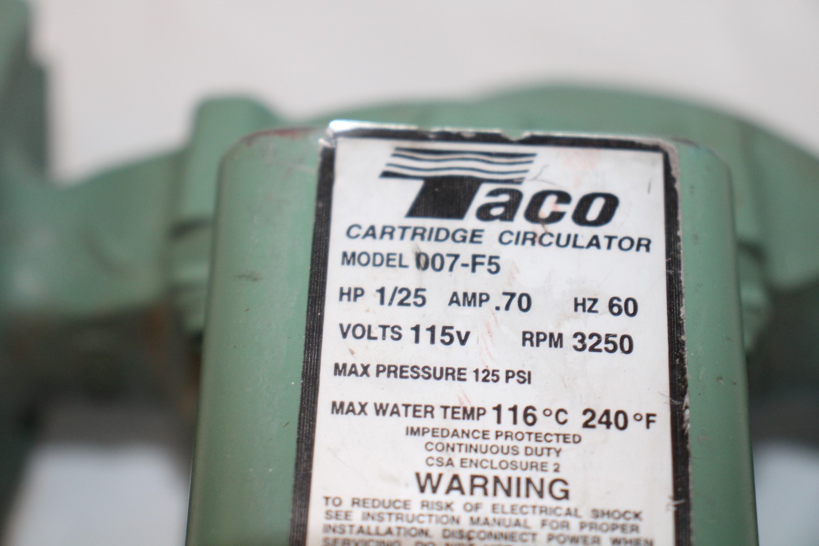 Taco 007-F5 Cartridge Circulator 1/25 HP .70 AMP 60 HZ 115V "NEW"