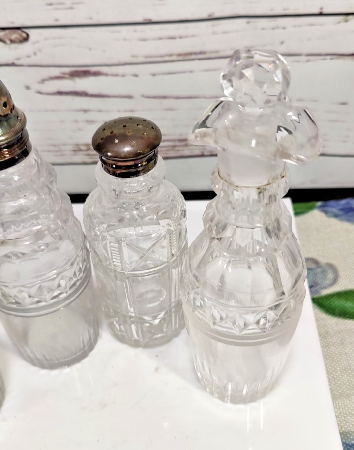 Antique Victorian Era Sliver Plated Four Cut Crystal Bottles Cruet Set