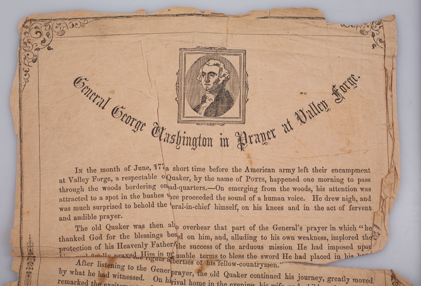 Antique 1800s General George Washington in Prayer at Valley Forge Broadside
