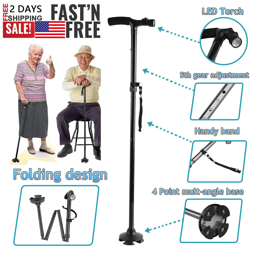 LED Folding Walking Cane for Seniors Men & Women w/ Non-Slip T Handle and Strap
