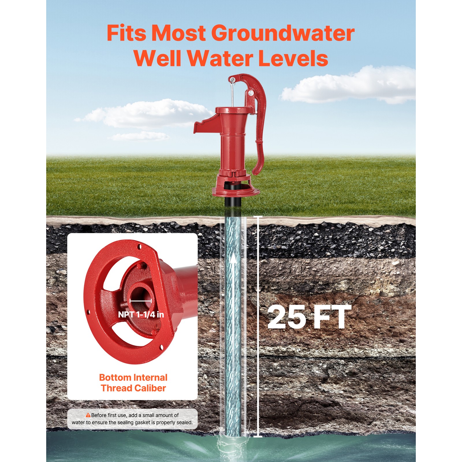 Uimoso Antique Cast Iron Manual Water Pump, 25ft Lift, Red Design