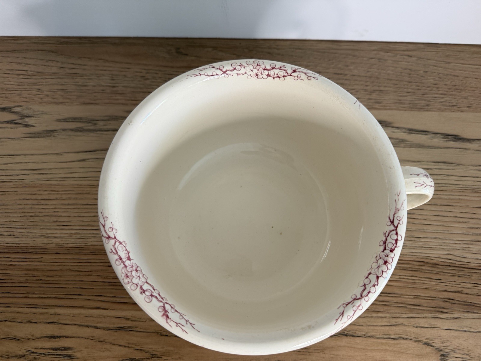 Antique Chamber Pot With A Red Transferware Pattern