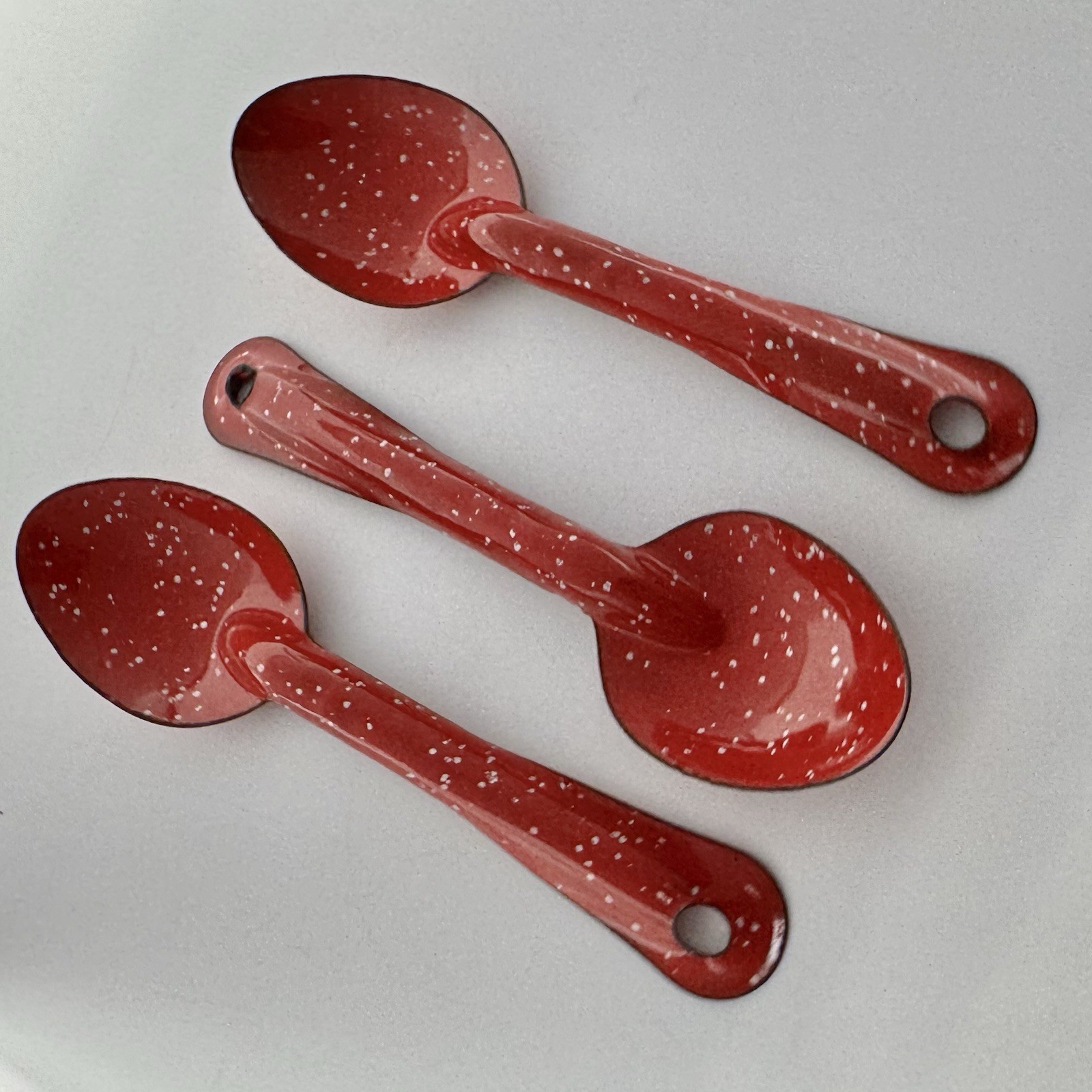 RED Speckle 6" SPOONS 3 pc Lot Vintage Enamel Metal Enamelware Camping Speckled