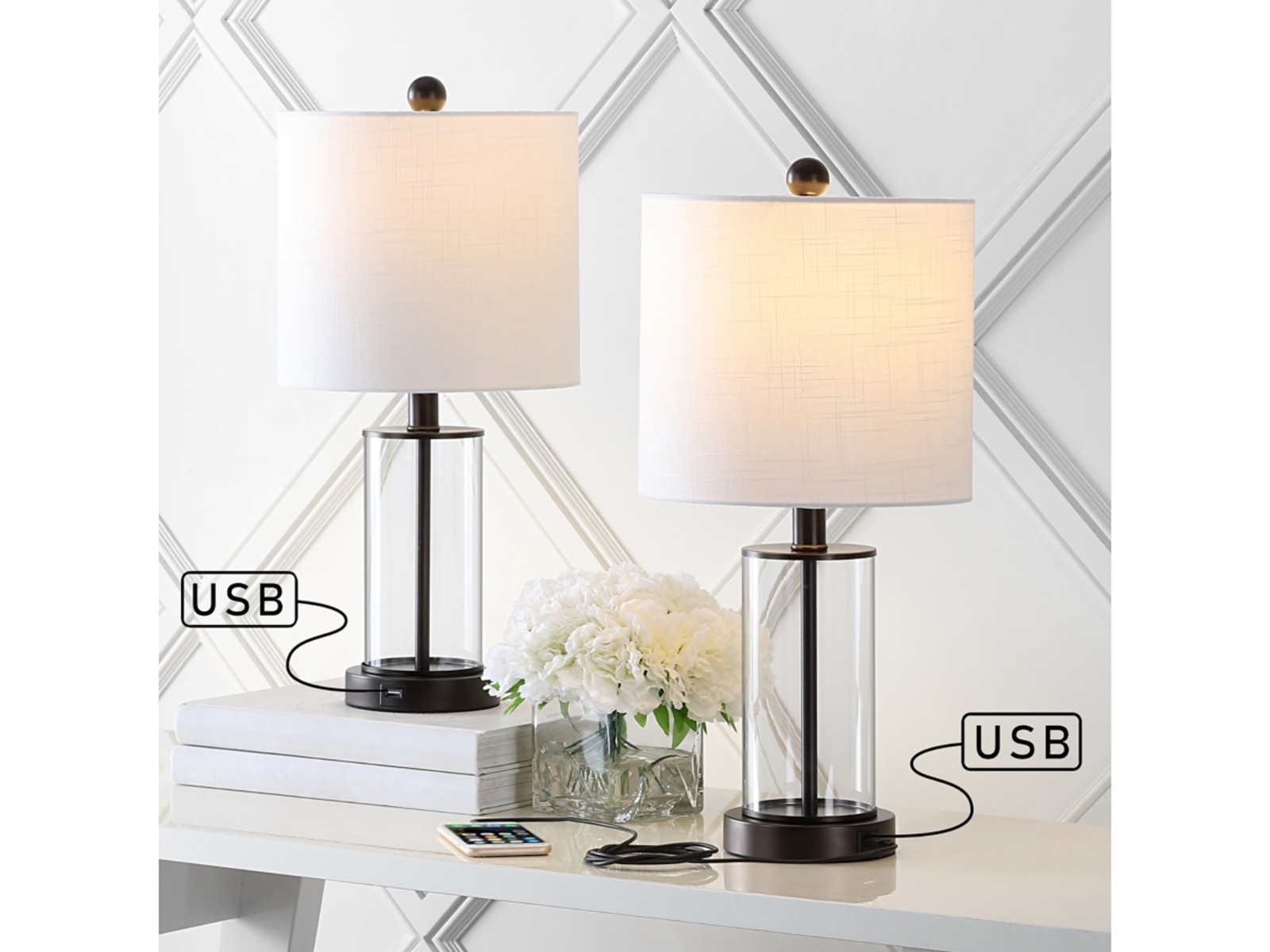 Jonathan Y Abner Glass Modern Contemporary USB Charging LED Table Lamp 2PCS CHRO
