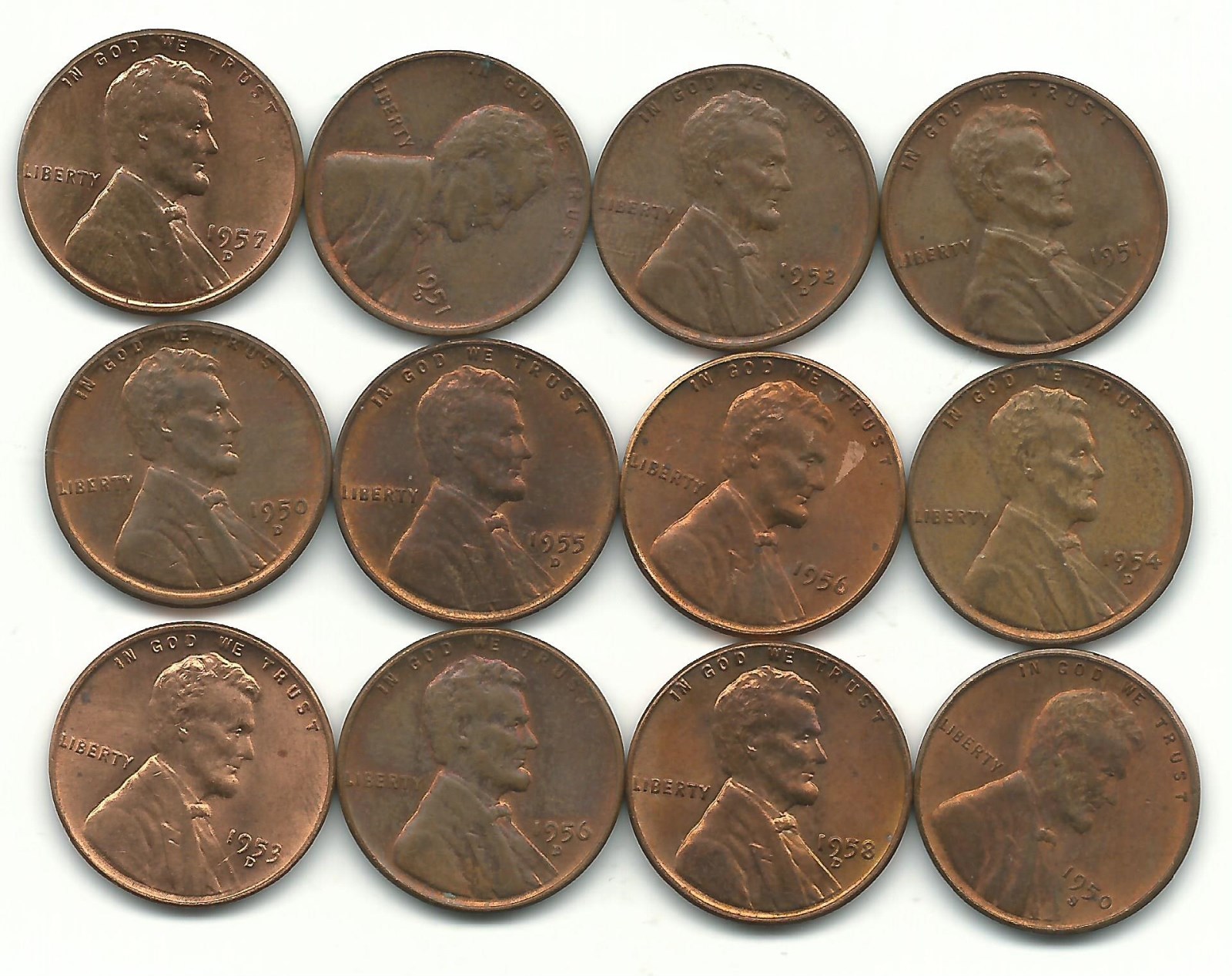 VINTAGE HIGH GRADE LOT 12 1950'S PDS ERA HIGH GRADE LINCOLN CENTS-MAY803