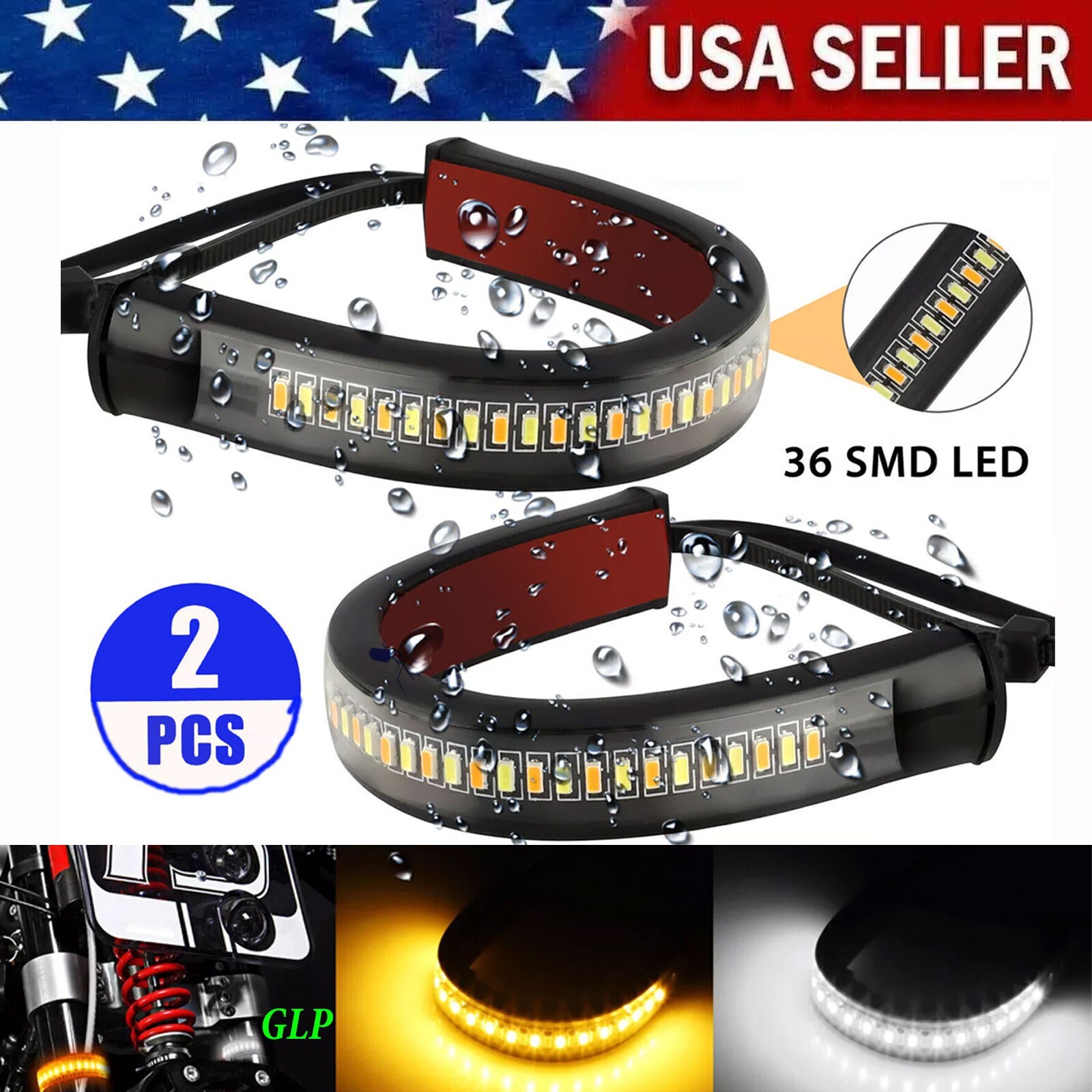 2 LED Motorcycle Turn Signals Light Blinker FORK Strip Flowing Amber Universal