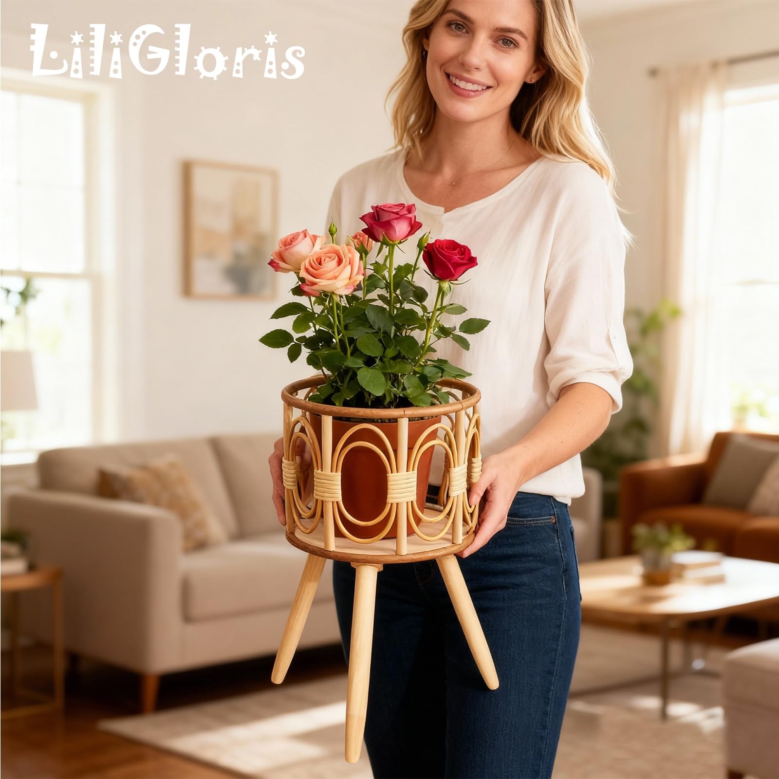 Boho Rattan Plant Stand Indoor Outdoor - 2 Rattan Wicker Planter Shelf for Mu...