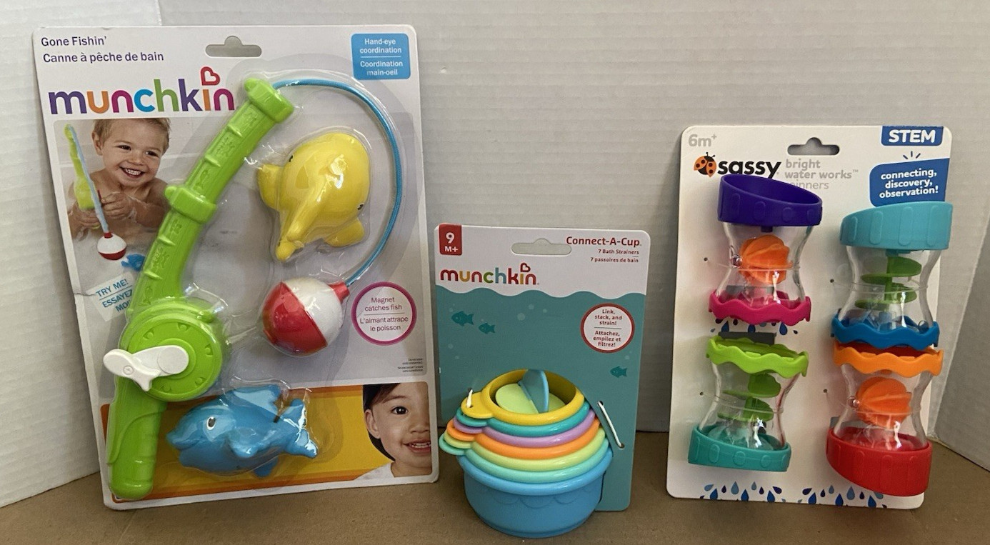 Three New Baby Bathtub Toys Sassy Spinners & Bath Cafe / Munchkin Gone Fishin'