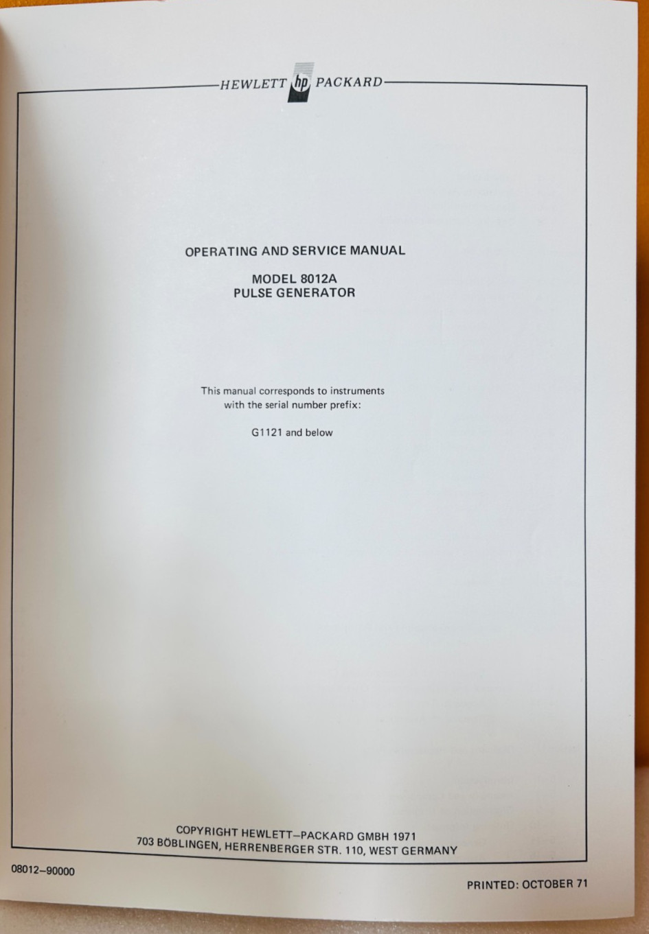 HP 08012-90000 1971 Model 8012A Pulse Generator Operating & Service Manual.
