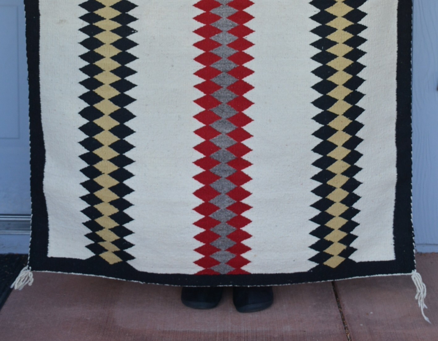 Old Navajo Rug - Red Black Tan Grey Vertical Bands on White Ground - 62 x 42.5