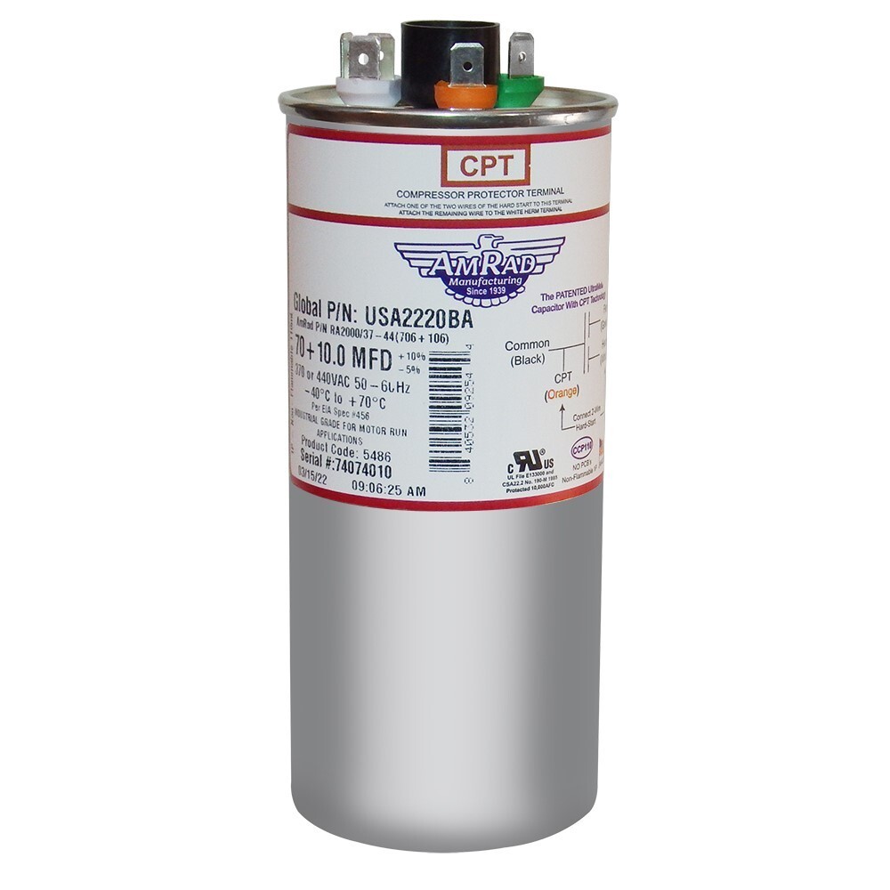AmRad USA2220BA Round Run Capacitor 70+10 uF MFD 370 / 440 Volt Made in USA
