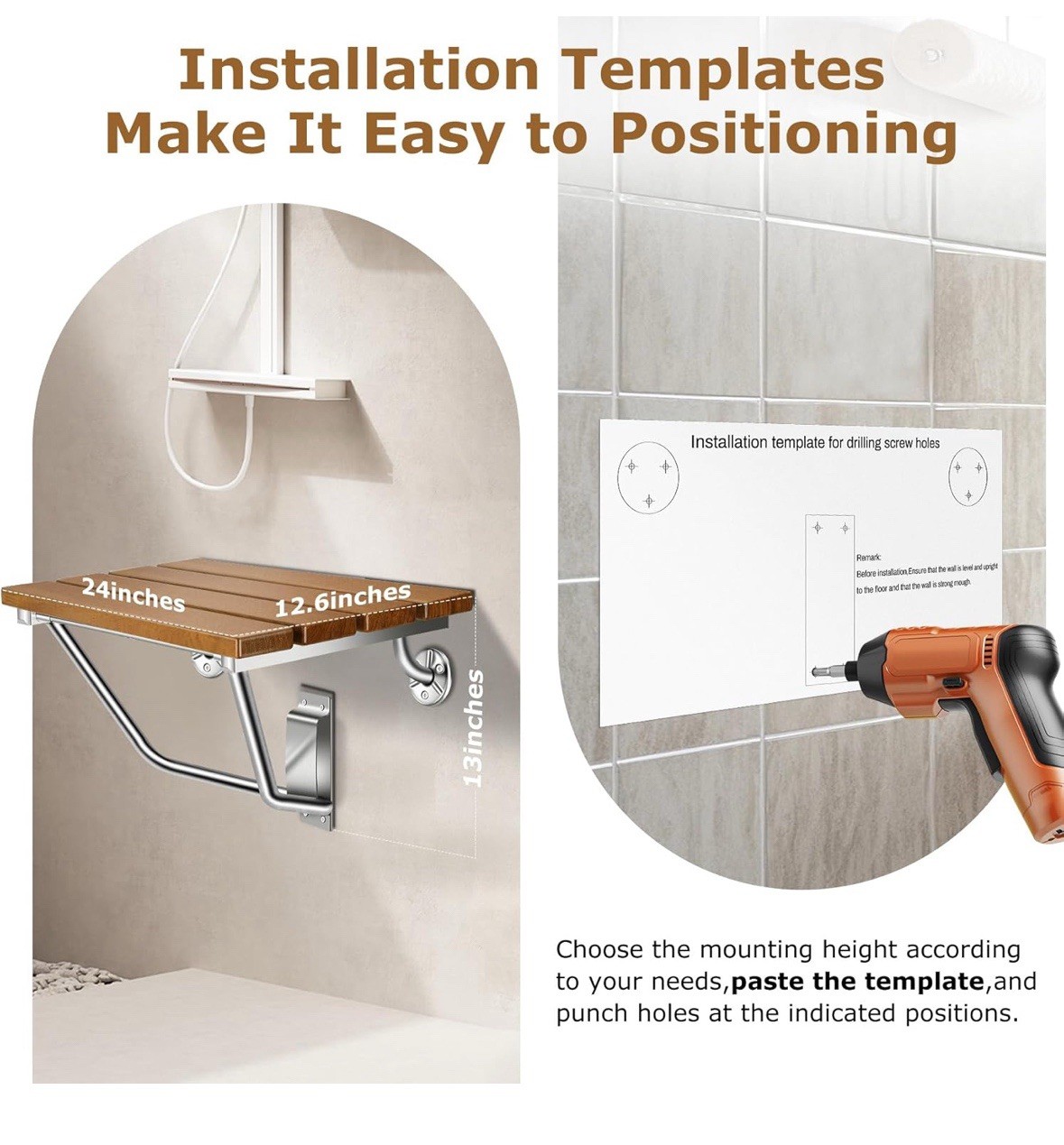 FOLDING SHOWER SEAT WALL MOUNTED 20” WITH STAINLESS STEEL BRACKET, 500 LBS