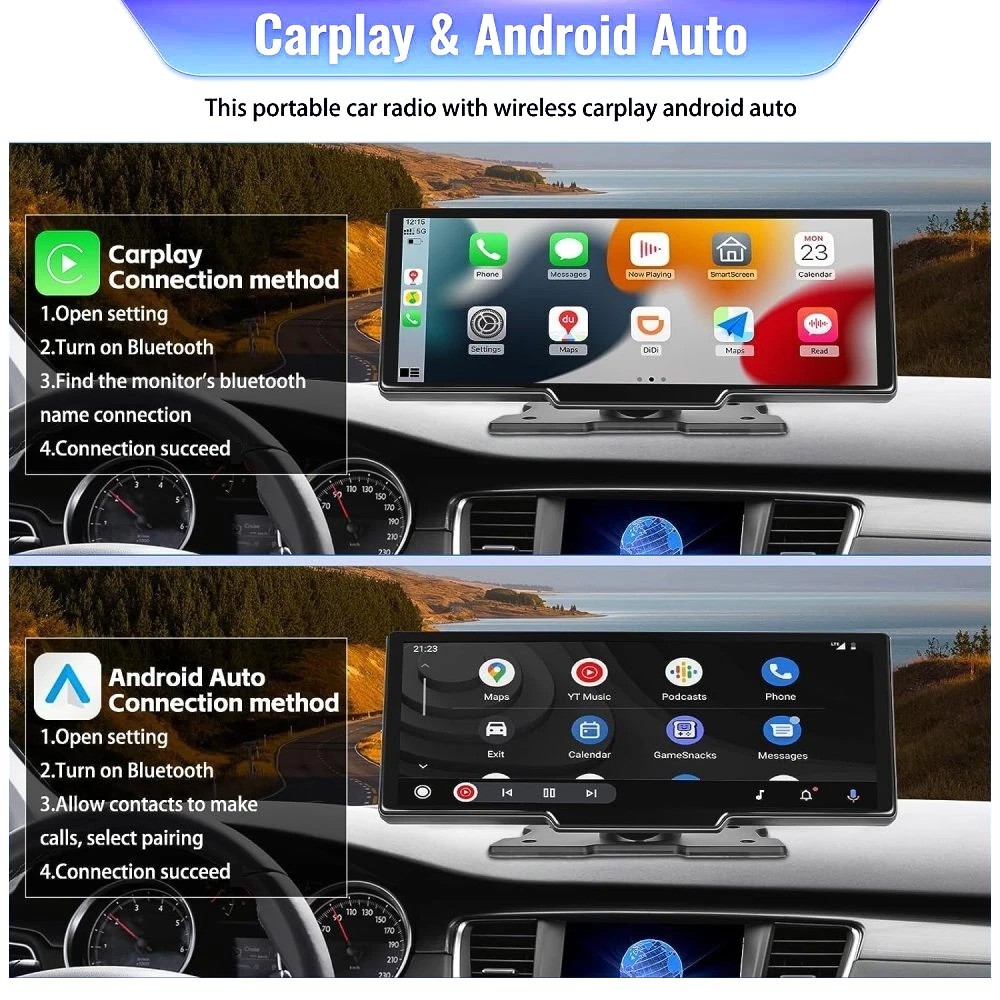 10.26" 2K Car Portable Wireless Apple CarPlay Android Auto Touch Screen Radio
