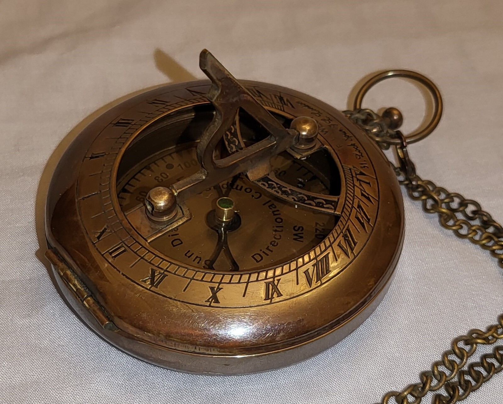 Sun Dial Pocket Watch Brass Compass Chain Antique Old Gold Lustre Wooden Box UK