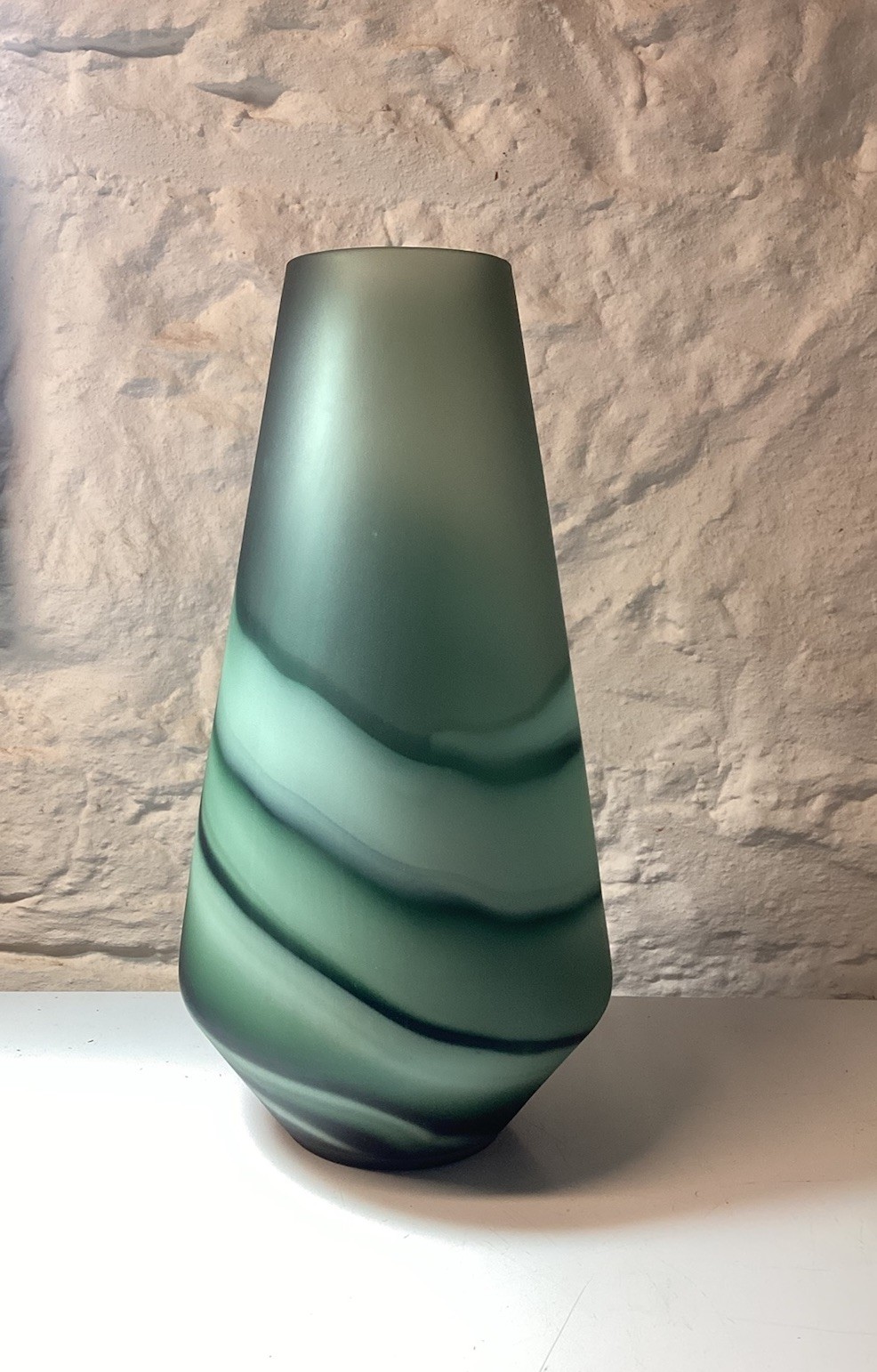 Beautiful Large Art Glass Vase Jade Green Wave Sandblasted Tall Sturdy 13.5 in