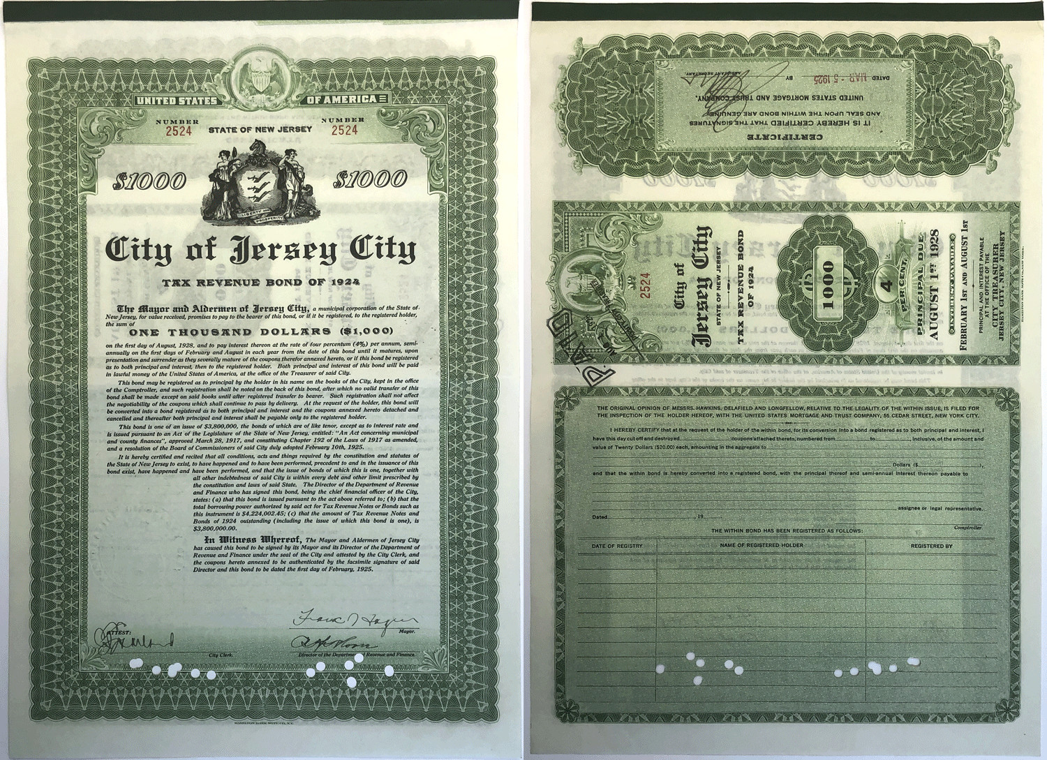 1924 New Jersey, City Of Jersey City Tax Revenue Bonds Cancelled