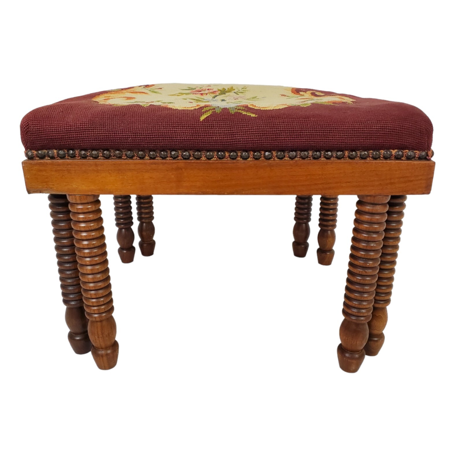 Antique Ottoman Footstool Needlepoint Top English Oak Bobbin Legs Granny Chic