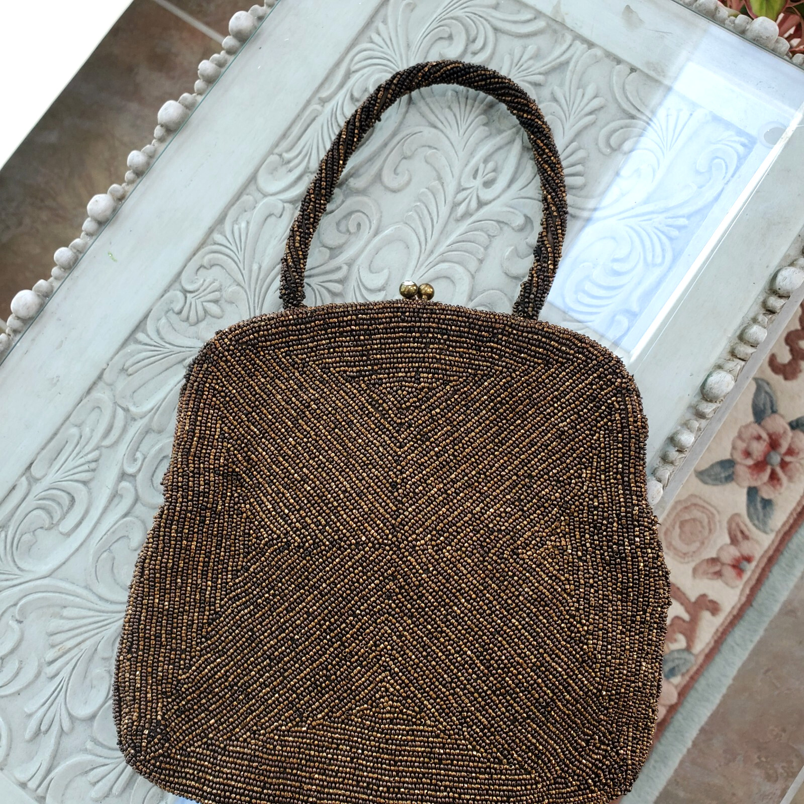 Joseph Horne Pittsburgh Belgium Brown Beaded Evening Bag Handle Twist Top Lock