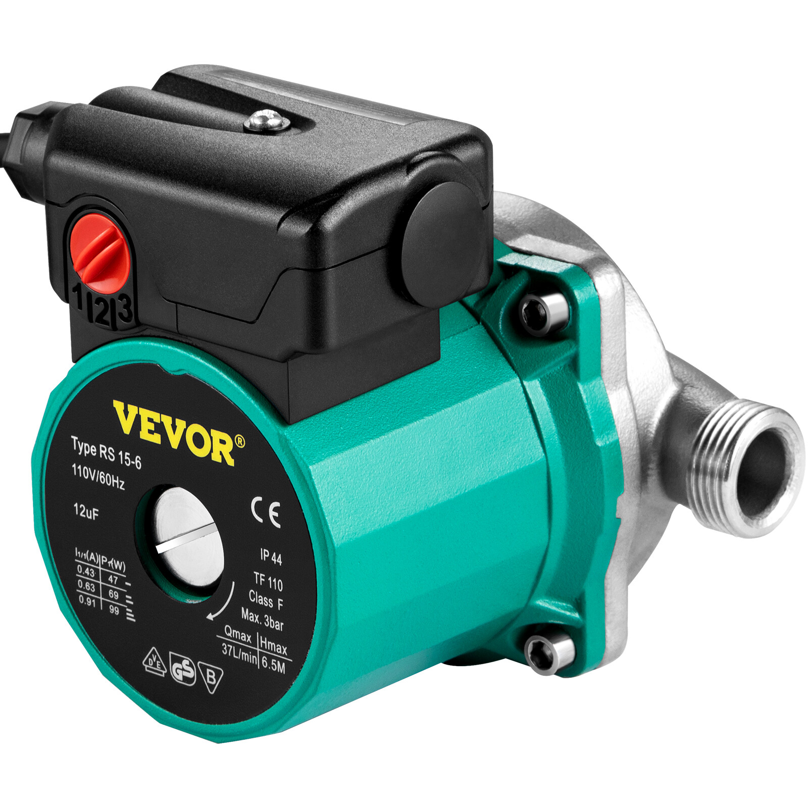 VEVOR Hot Water Circulation Pump 3-Speed Domestic Pump 93W Stainless Steel