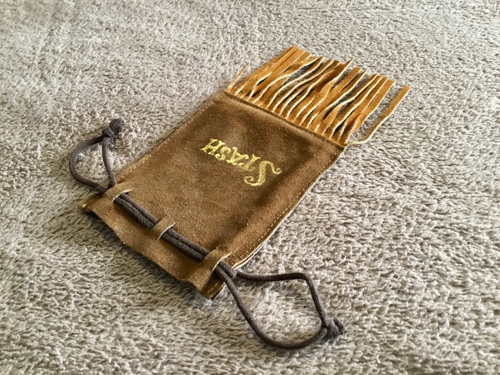 Vintage 1970's Brown Leather Drawstring Stash Pouch With Fringe