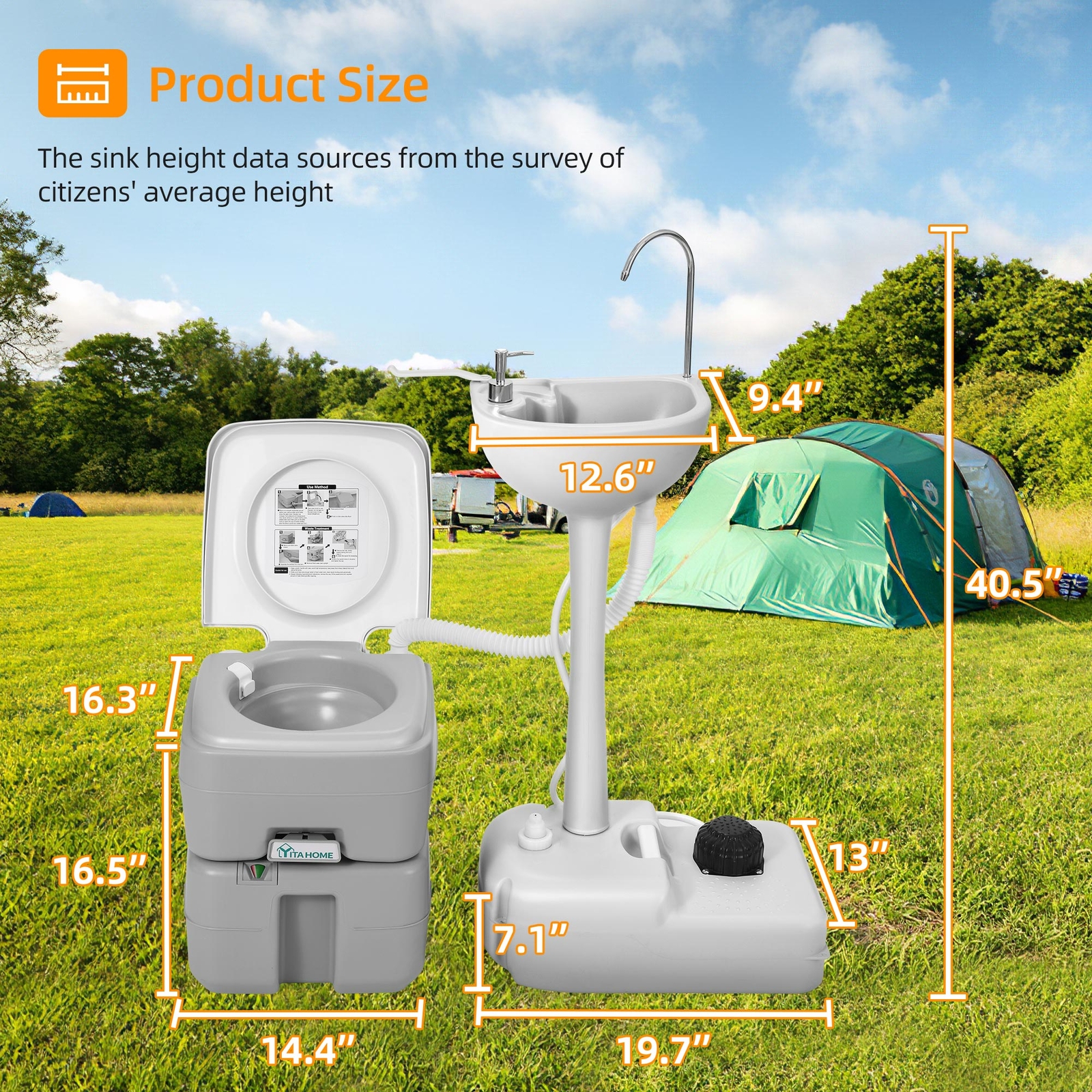 5.3GAL Portable RV Toilet + 17L Camping Sink Hand Wash Basin Station for Outdoor