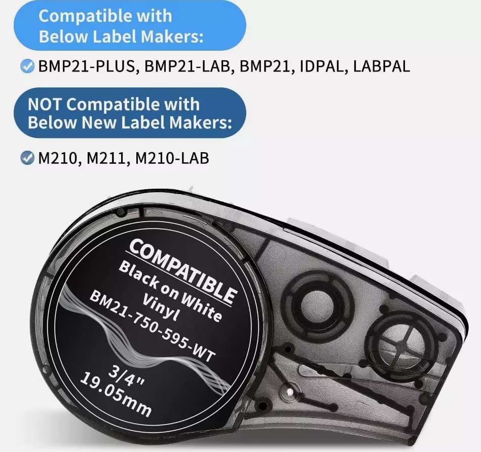 For BMP21 Label Cartridge M21-750-595-WT Black/White Vinyl 3/4" x21'