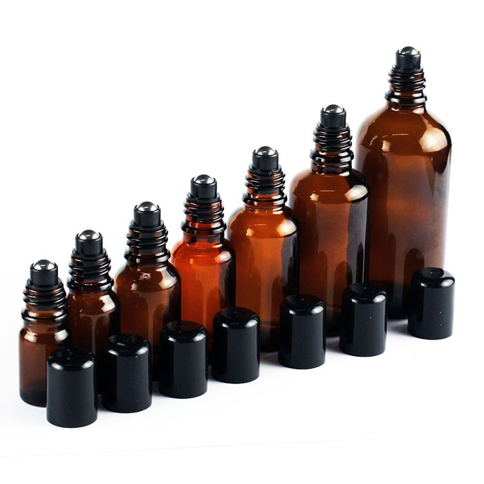 Wholesale 5ml-100ml Thick Glass Essential Oil Roller Bottles w/ Ball Black Cap