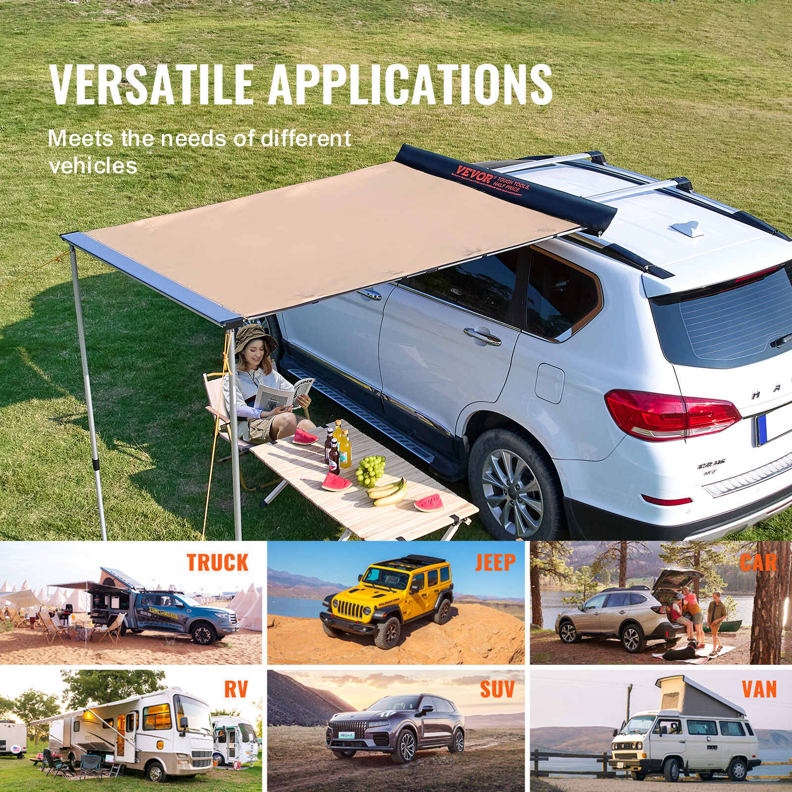 VEVOR 6.5x8.2ft Car Side Awning SUV Truck Rooftop Tent Sunshade Outdoor Camping