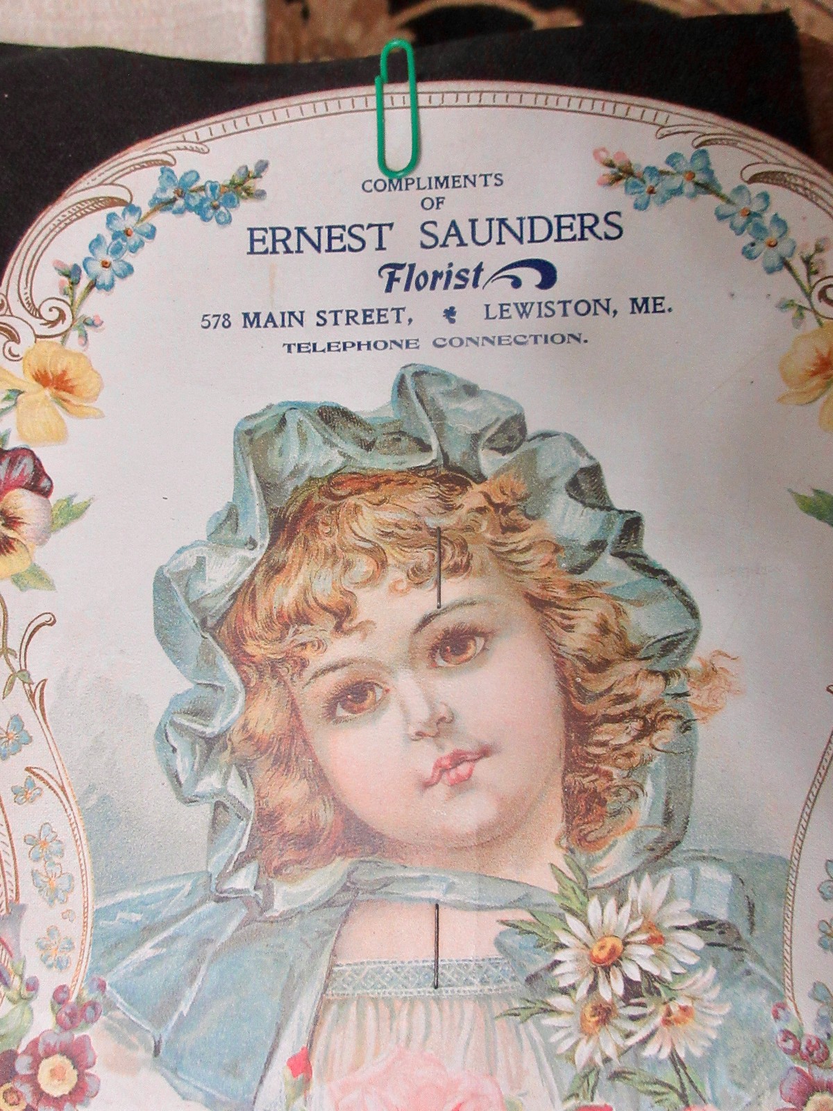 Antique Ernest Saunders Florist Die Cut Advertising Hand Fan