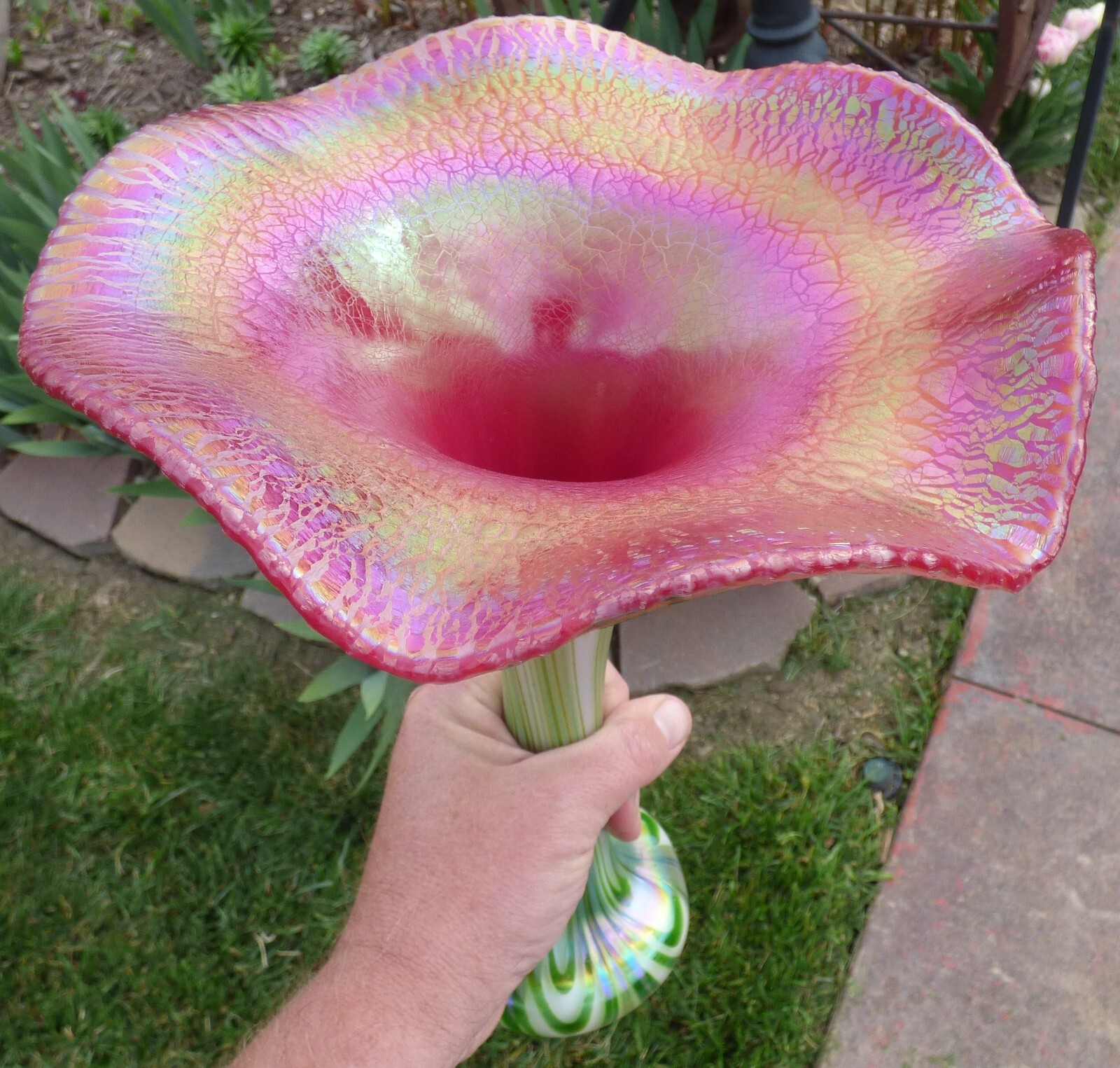 Charles Lotton Aventurine Art Glass Vase 2009 White/Green Pulled Feather 12 1/4"